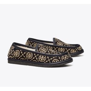 Tory Burch T Monogram Buddy Shearling Loafer Black Jacquard 8 Slip On NWT